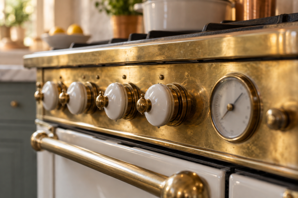 A close view of a hand-built French range control panel with a polished brass fascia, enameled rotary knobs and a mechanical thermostat dial.