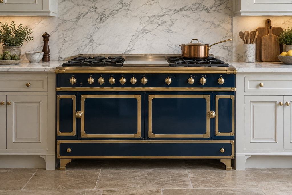 A front view of a La Cornue Château range in a colored vitreous-enamel body with brass trim, shown straight on against the surrounding kitchen cabinetry for scale.