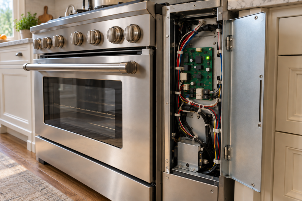 An open service panel beside the oven section of a La Cornue CornuFé range, a control board with a small indicator light visible inside, wiring neatly secured.