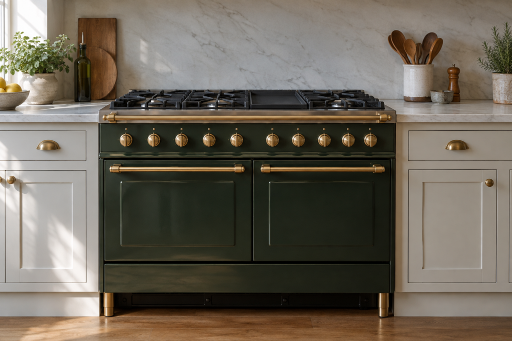A French dual-fuel range in colored vitreous enamel with a polished brass rail and brass knobs stands in a run of cabinetry, two oven doors below its cast-iron burner grates.