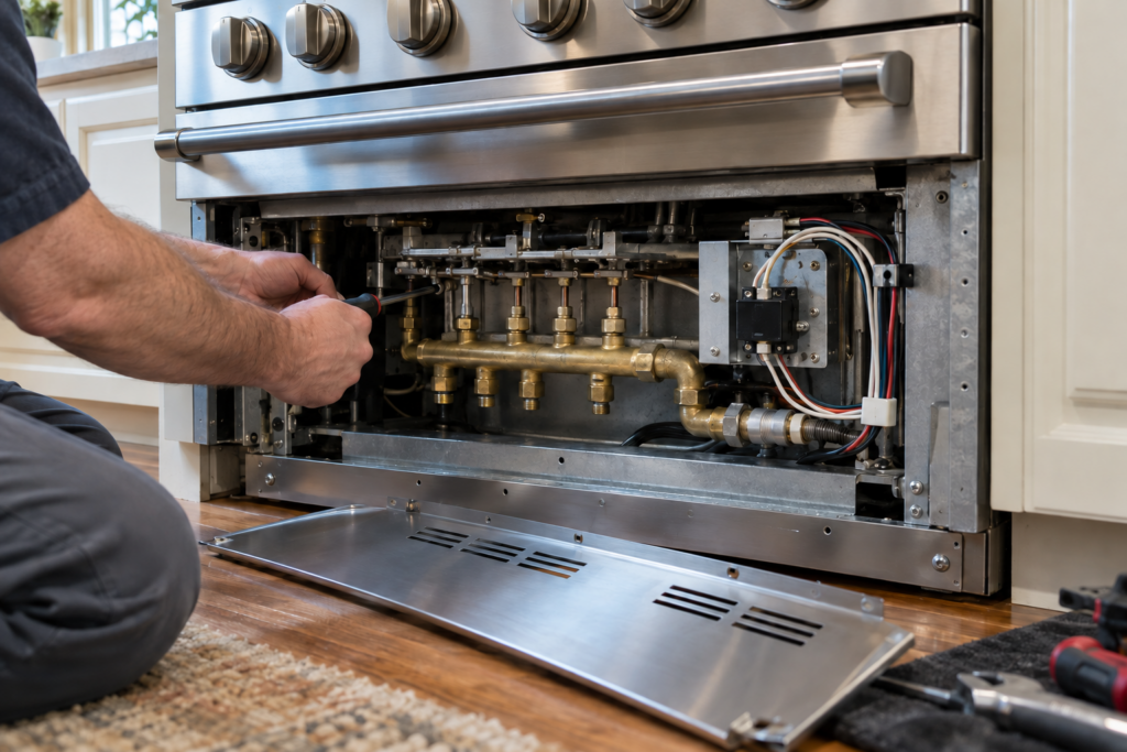A removed lower service panel on a La Cornue CornuFé range, a brass gas manifold and a small relay mounted on a bracket beside it, wires neatly secured with a clamp.