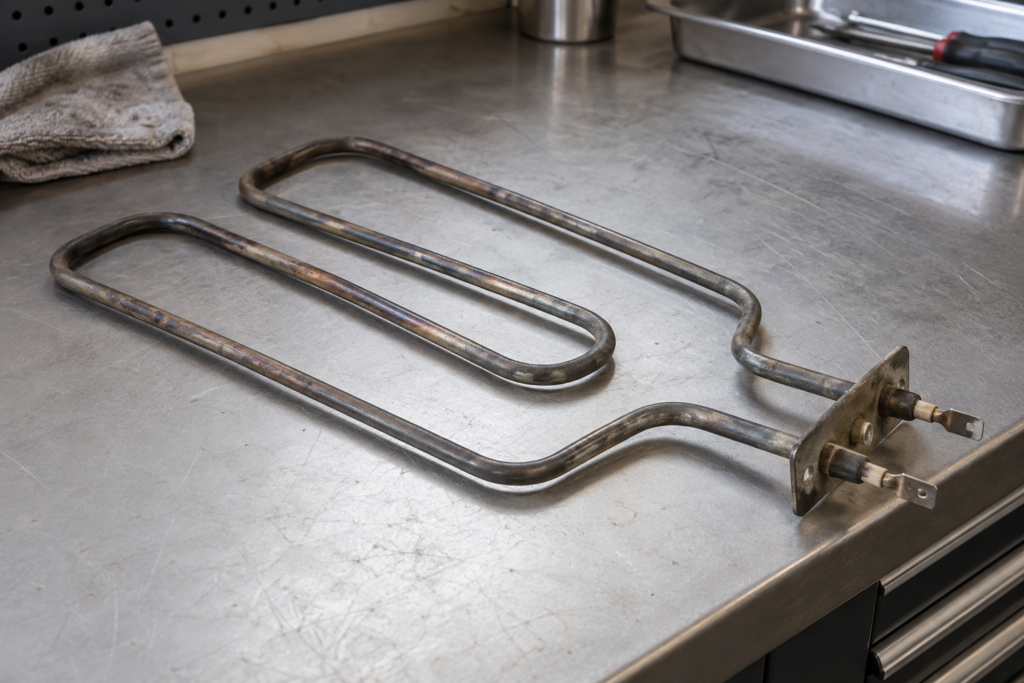 A removed tubular heating element from a La Cornue vaulted oven resting on a workbench, light scorch marks along its coils and a terminal mounting point at one end.