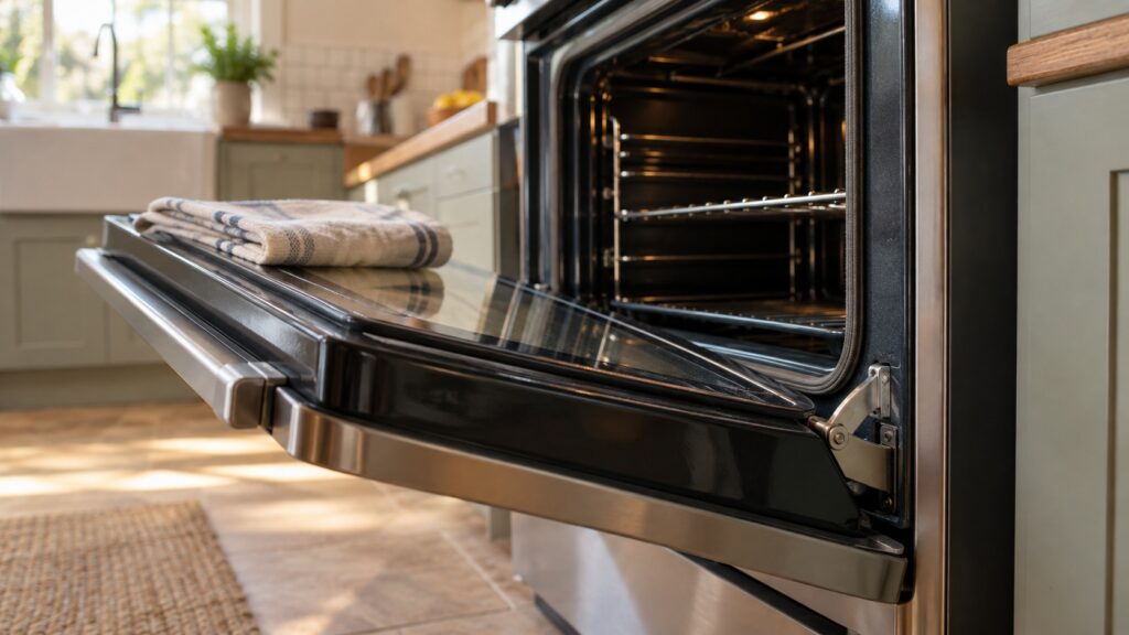 A heavy enamelled oven door stands half open on a large range, the hinge and the seal channel visible at the edge with a cloth resting on the open door.