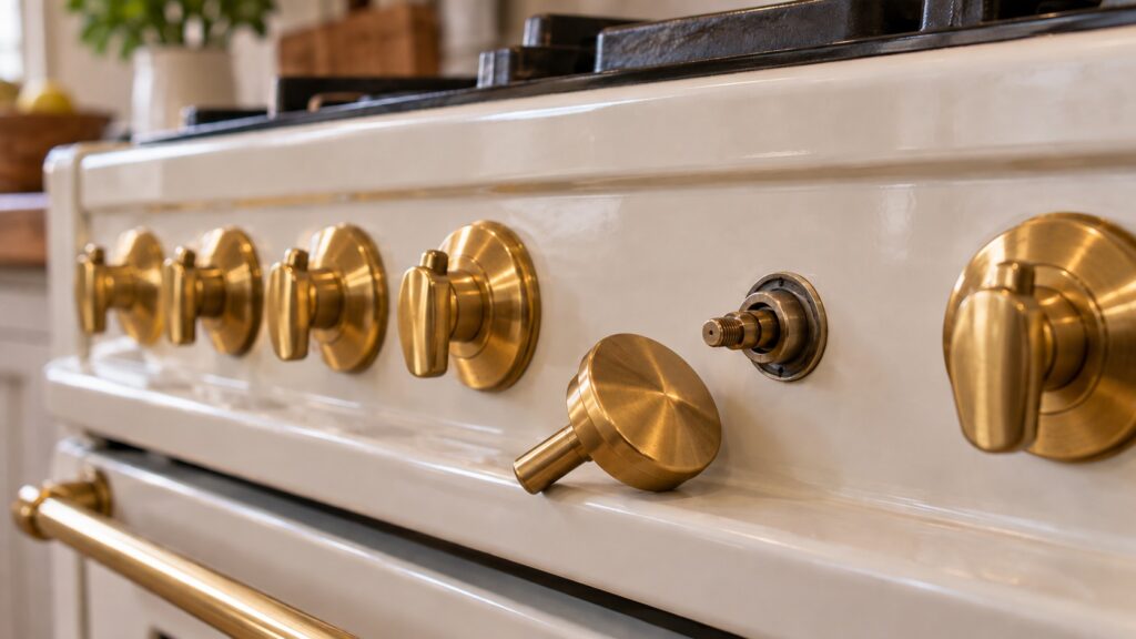 A row of polished brass control knobs on the fascia of a large enamelled range, one knob lifted off and resting beside its bare valve stem.