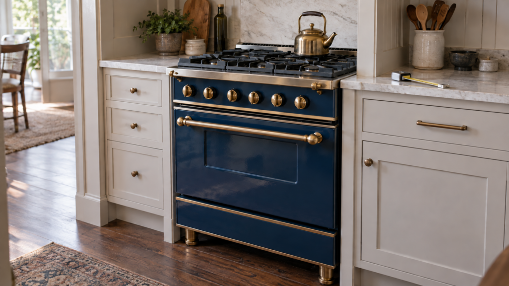 A compact French range in deep blue enamel with brass banding stands in a cabinetry alcove cut exactly to its width, a tape measure on the counter beside it.