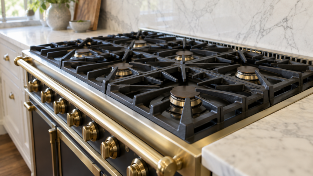 A three-quarter view of the cast iron cooking grates and brass trim rail along the top of a La Cornue Château range, seen from above.