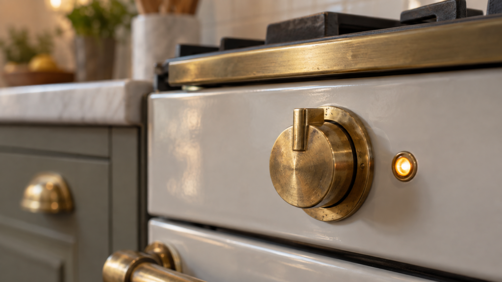 A close-up of a brass control dial and a small indicator light on the front panel of a La Cornue CornuFé range, the dial softly lit.