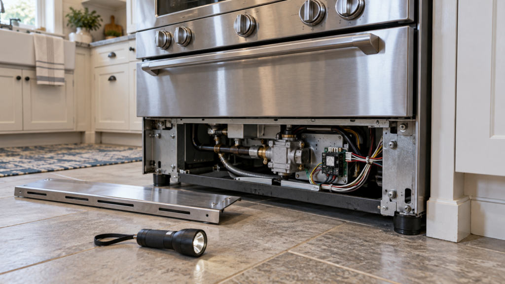 The lower kick panel removed from a stainless dual-fuel range, exposing the gas valve body and a small relay board with its wiring harness.