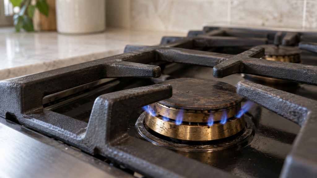 A close-up of a cast iron grate and brass burner head on a La Cornue gas range top, the burner lit with a low, uneven blue flame.