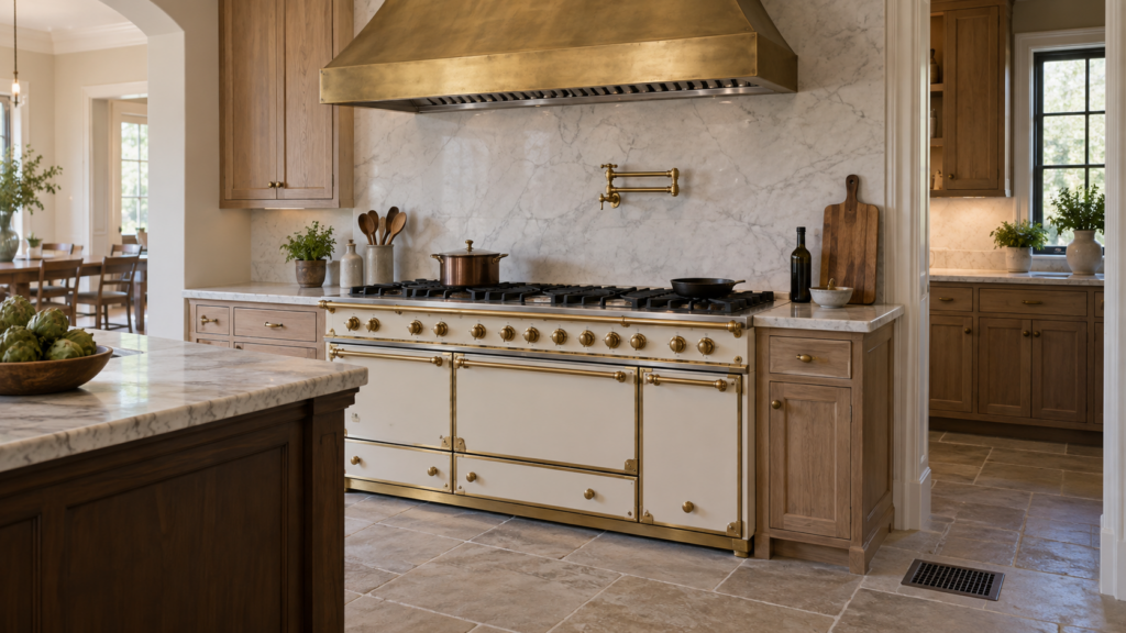 A very wide cream enameled French range with brass banding stands in an American kitchen below its tall brass canopy hood, a floor air register on the tile nearby.