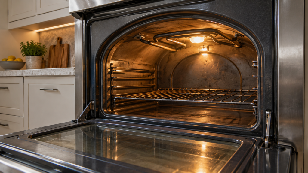 The open door of a La Cornue vaulted oven, its arched interior cooking chamber and heating element visible inside.