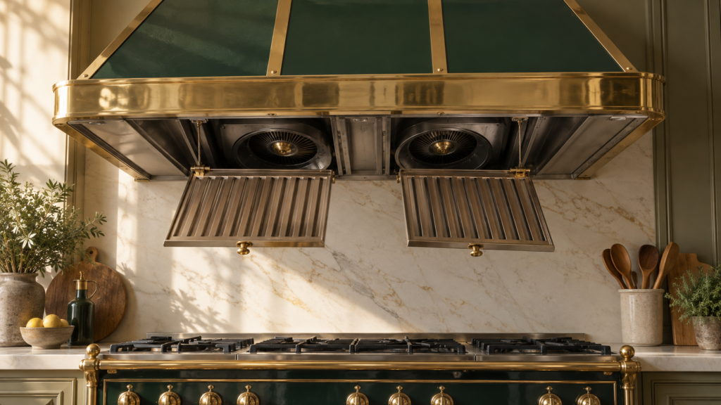 A brass-trimmed enameled canopy hood has two baffle grease filters unclipped and hanging down, showing the blower housing behind them.