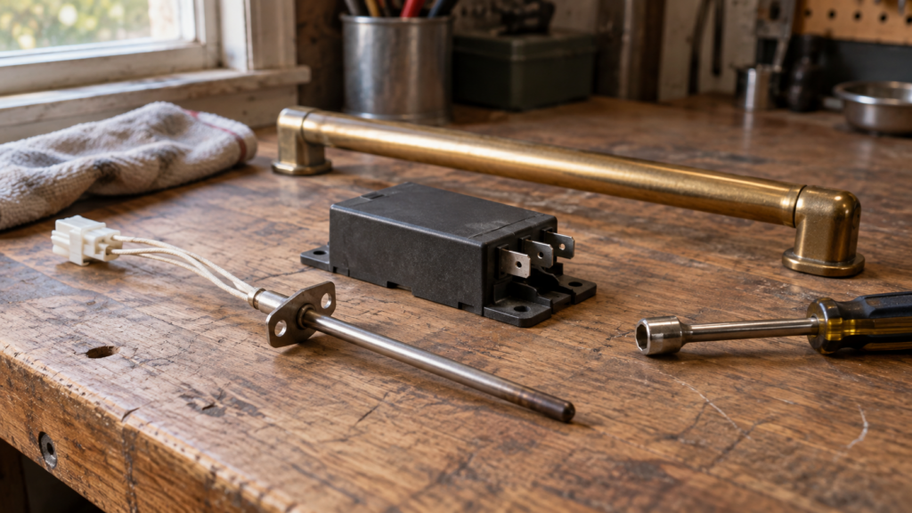 An oven temperature sensor probe and a spark ignition module lie on a wooden workbench beside a brass range door handle and a nut driver.