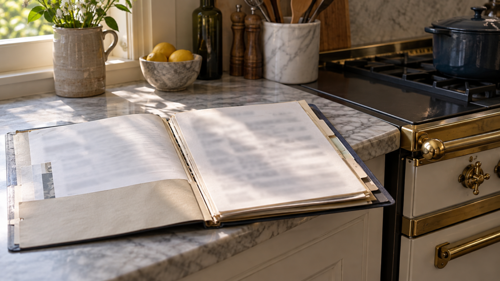 A thick installation and service folder lies open on a worktop beside the brass-banded enameled corner of a French range, its pages blurred beyond reading.