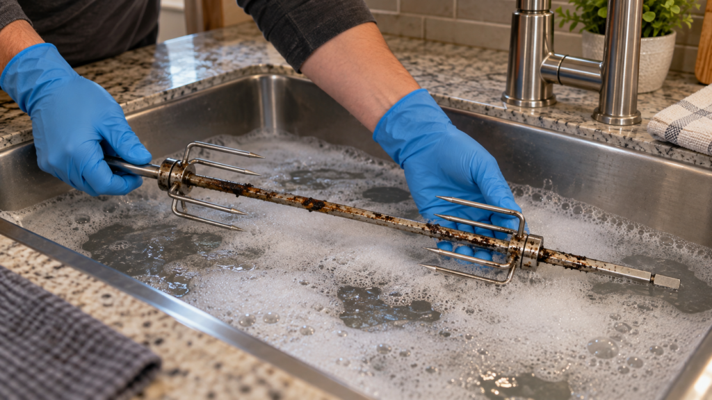 Two gloved hands lower a long stainless rotisserie spit and its pronged forks into a sink of soapy water, fat residue darkening the shaft.