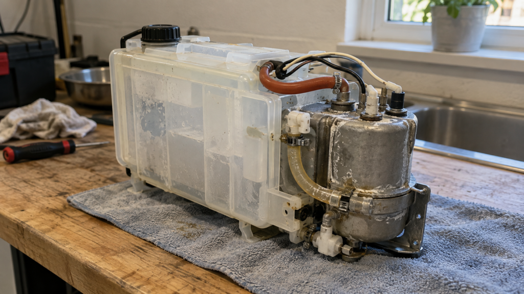 A small water reservoir and heating element assembly from a steam-assist oven system, removed and set on a workbench.