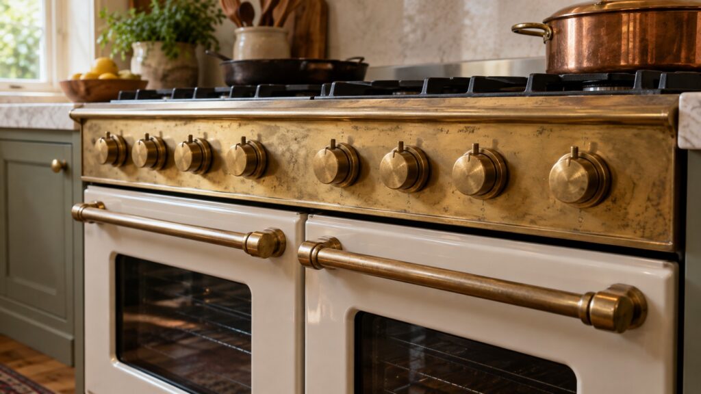 A close view of the brass control fascia and knob row of a large enamelled range, the knobs in a line above two oven doors.