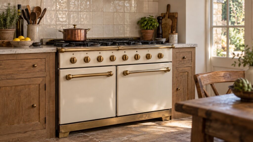 A large hand-built French range in enamel and brass stands against a tiled wall in a country kitchen, heavy cast iron grates on the cooktop and two oven doors below.