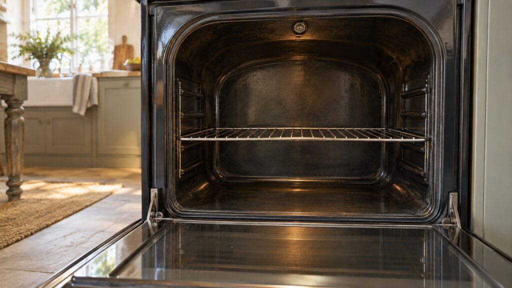 The open door of a large range oven shows a curved vaulted interior cavity with a single wire shelf inside.