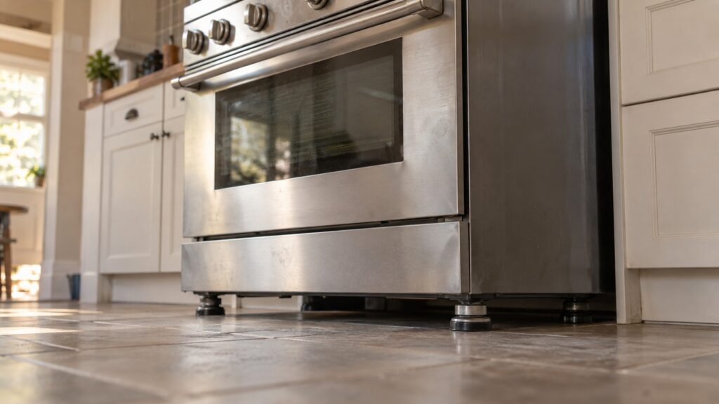A large heavy range stands on a tiled kitchen floor seen from a low angle, its adjustable feet and the floor beneath them clearly visible.