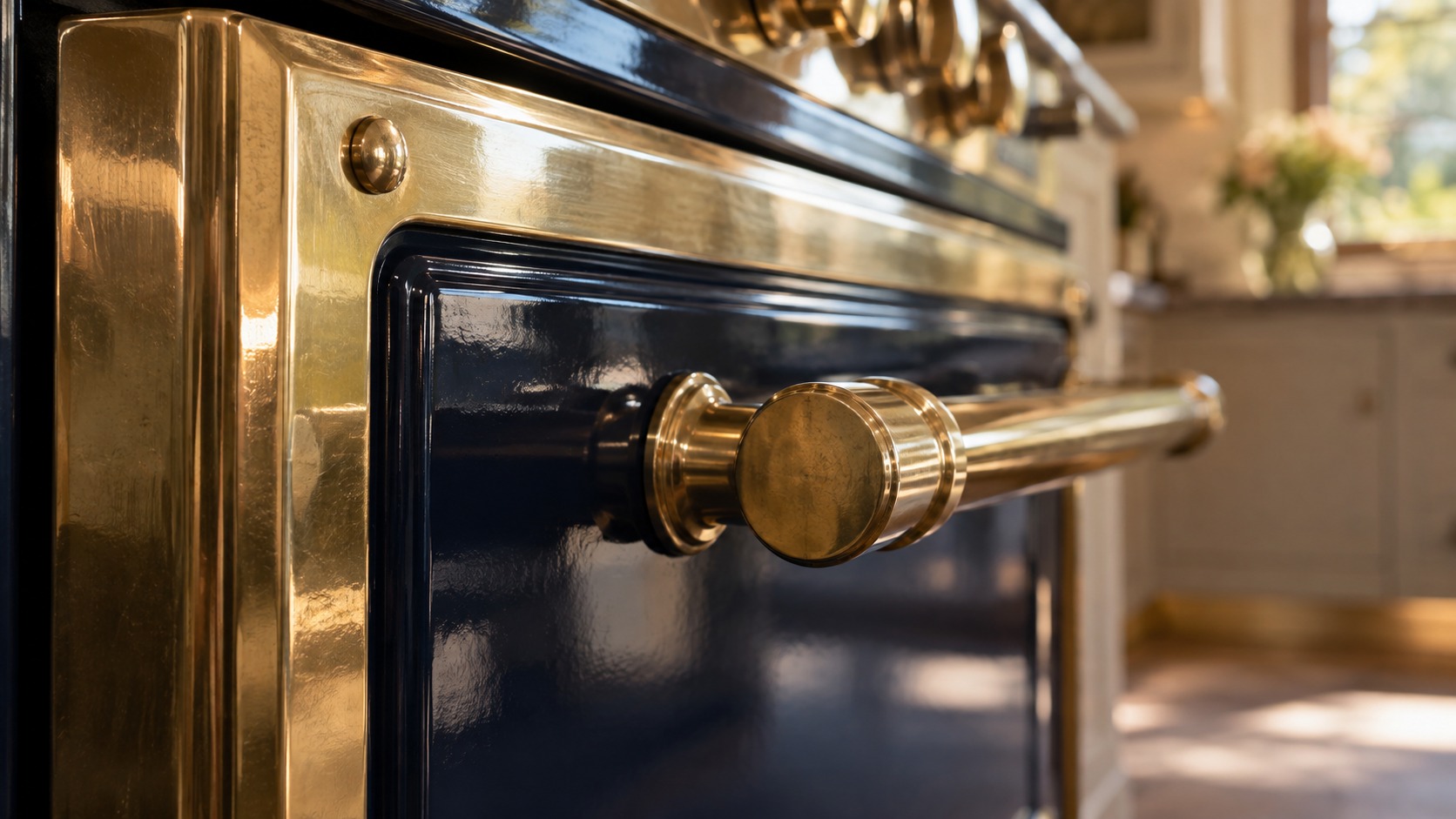 Macro close-up of polished brass trim meeting a deep glossy enamel panel on the heavy door of a hand-built kitchen range.