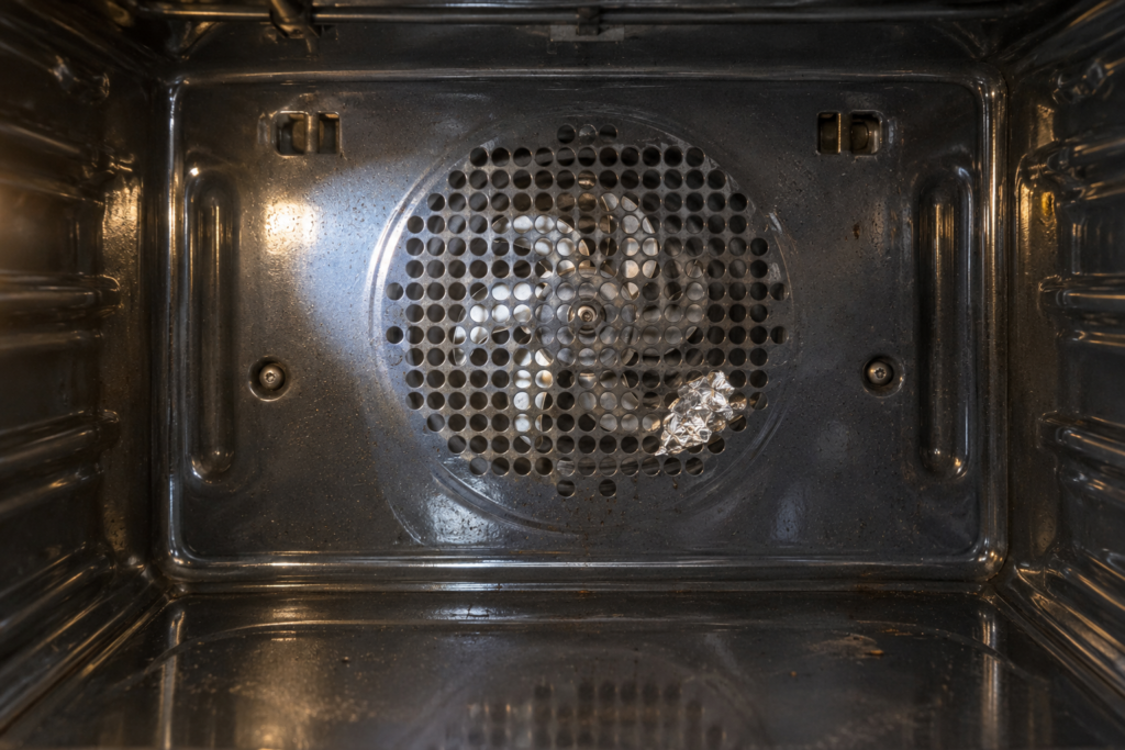 Close view of a small fan blade behind the perforated rear wall of an empty enameled oven cavity with the racks removed, a curled scrap of foil resting near the blade, a flashlight beam from the left.