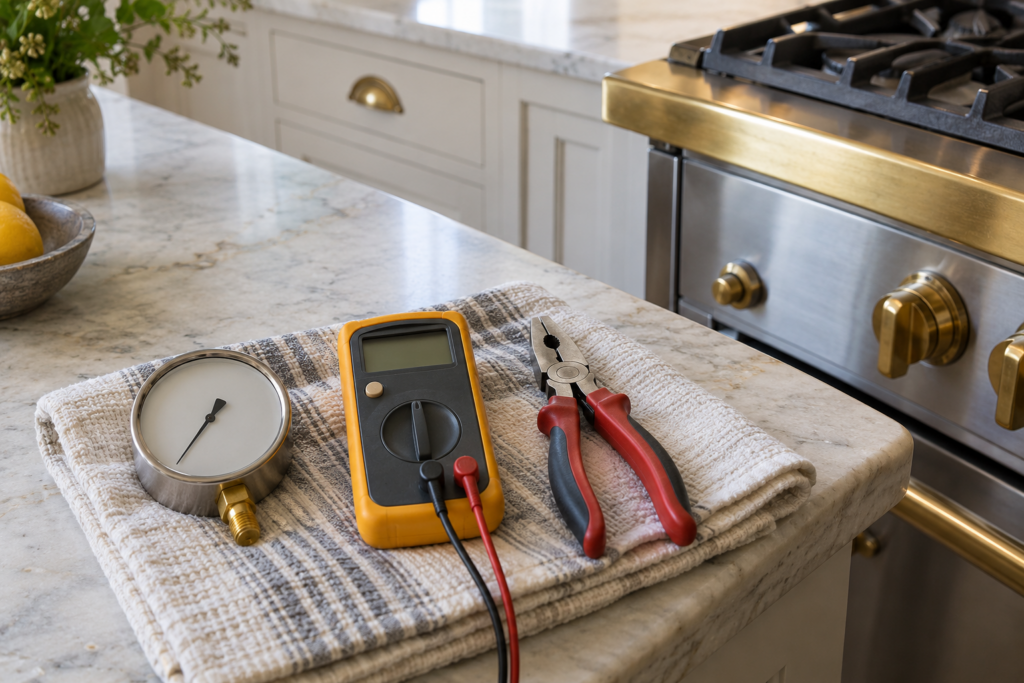 A small handheld pressure gauge, a compact multimeter and a pair of pliers laid out on a folded kitchen towel on a stone island beside the brass trim of a French range, soft daylight.