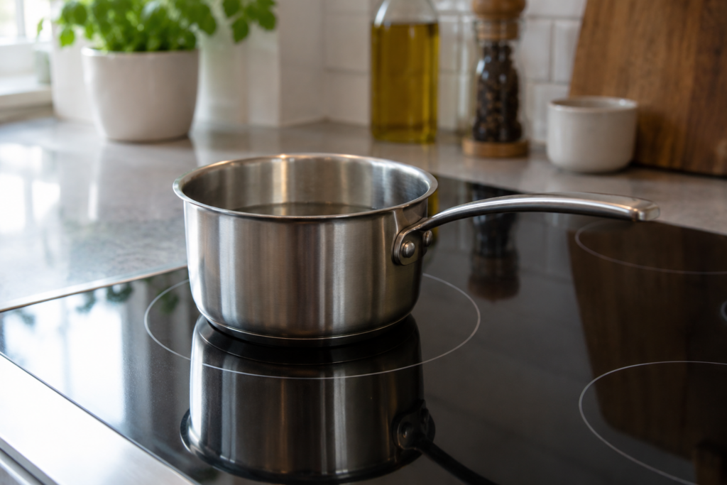 A small thin-bottomed saucepan sitting slightly off-center on a black glass induction zone with the faint ring marking visible around it, an American kitchen, soft window light.