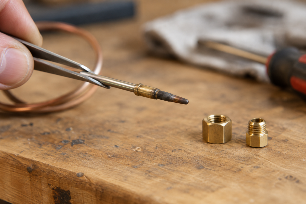 A slim thermocouple probe with a lightly darkened tip held in tweezers above a workbench.