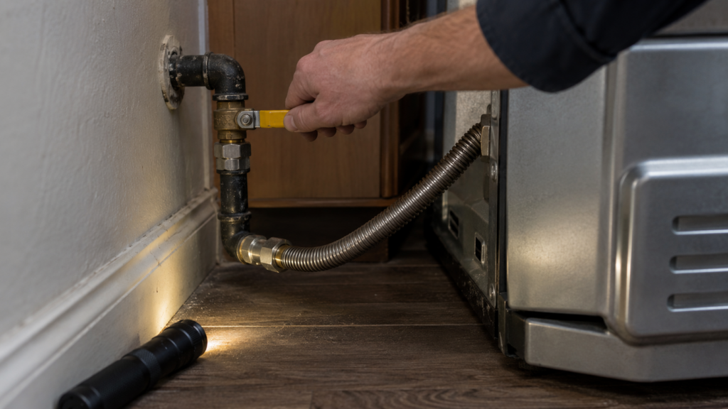 A hand turning the lever of a quarter-turn gas shutoff valve behind a range pulled forward from the wall.