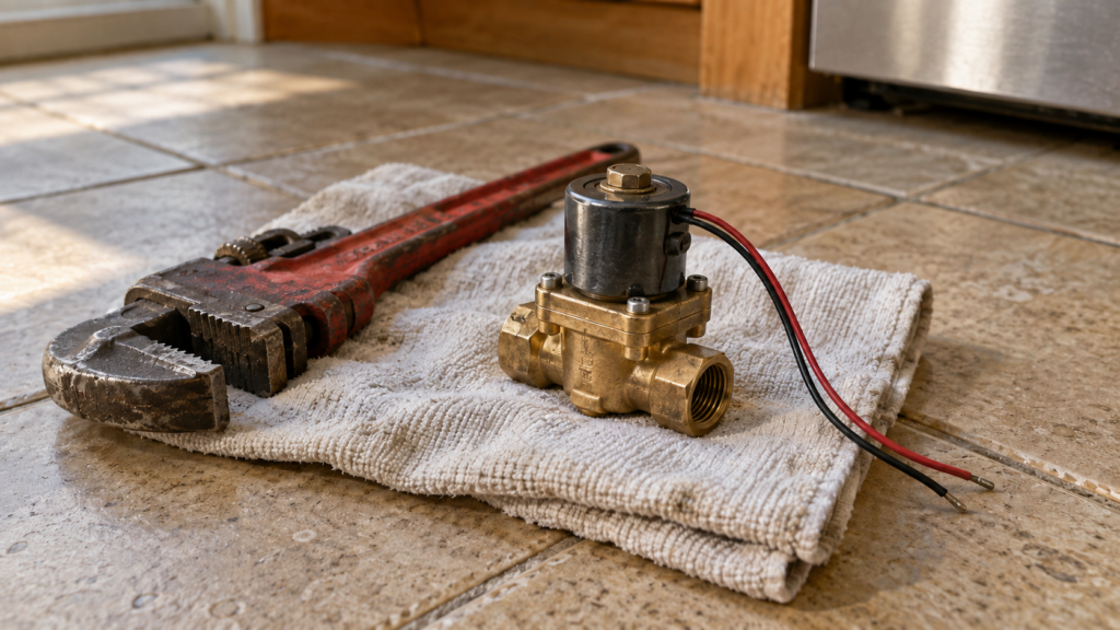A small brass gas safety valve with a coil assembly lying on a folded towel beside a pipe wrench.