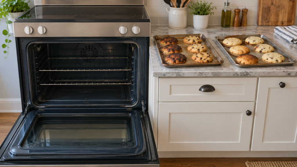 A cooled enameled oven with its door open and two baking trays on the counter beside it, the baked goods on them browned heavily on one side and pale on the other, an American kitchen, soft daylight.