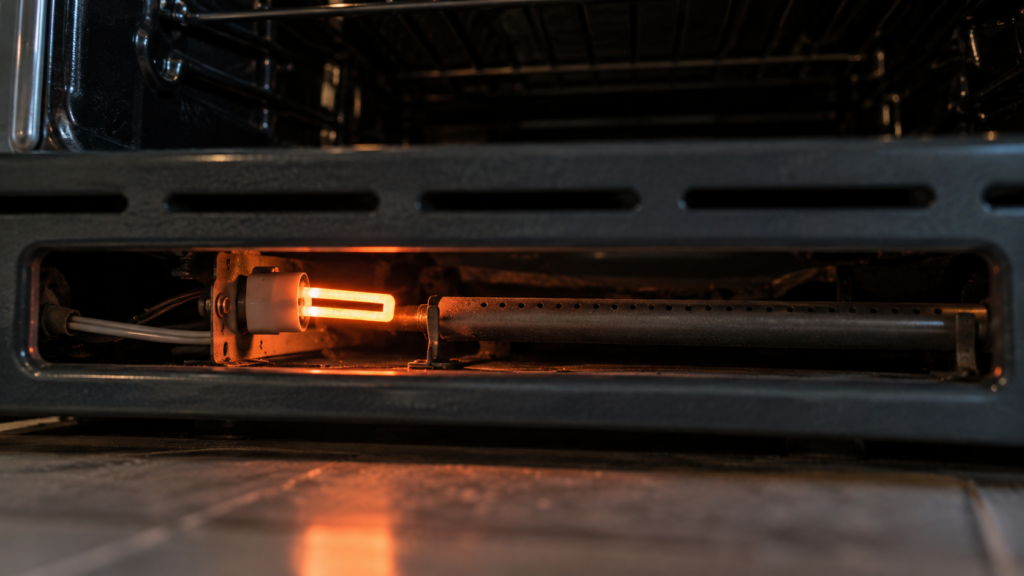 A bright orange glowing igniter seen through the bottom vent of a gas oven with the burner still unlit.