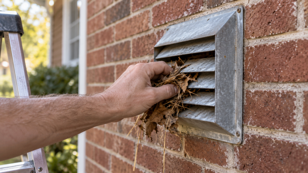 A bare hand clearing a clump of dry leaves and a few straw strands from the louvered duct cap on the brick exterior wall of an American house, daylight, a small stepladder at the edge of the frame.