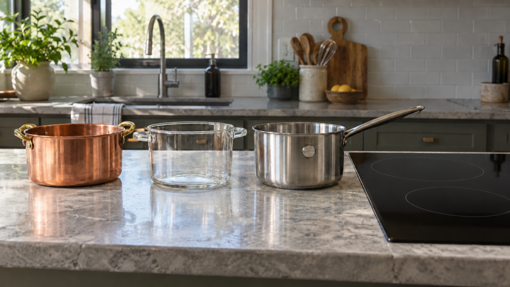 Three pans lined up on a stone counter beside a black glass induction cooktop, a copper pot, a glass pot and a heavy stainless saucepan, a small round magnet resting on the stainless one, an American kitchen, soft daylight.