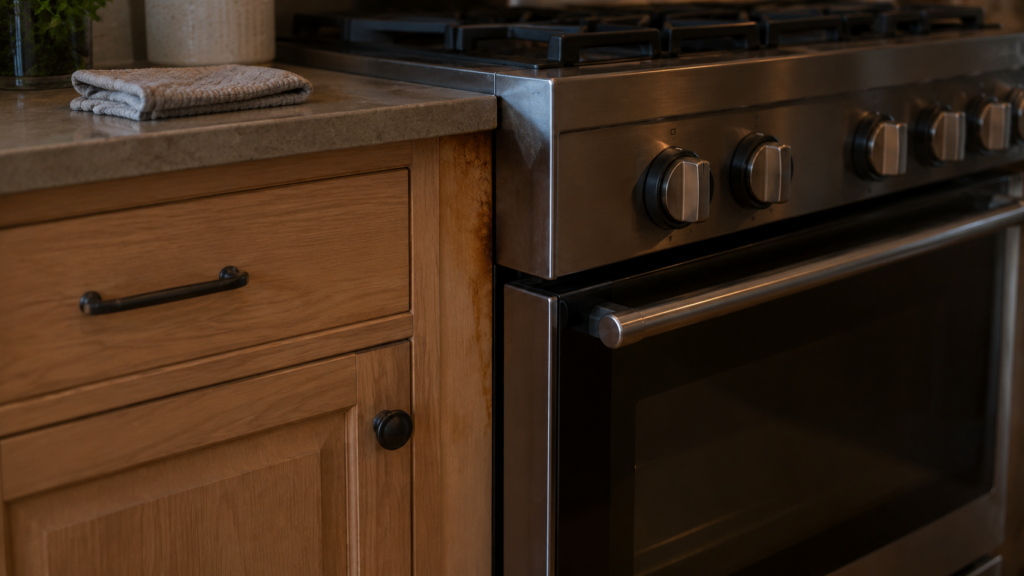 The wooden cabinet edge beside a French range showing a faint browned discoloration along its inner face, the oven door closed and a folded pot holder resting on the counter, an American kitchen, dim light.