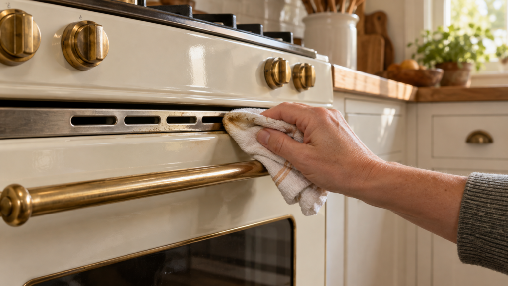 A hand wiping a narrow vent slot on an enamel oven with a cloth that shows a thin film of grease.